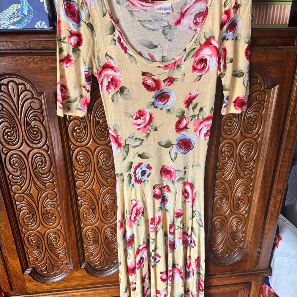 Lularoe Women's Floral Dress - Yellow with Red and Blue Accents